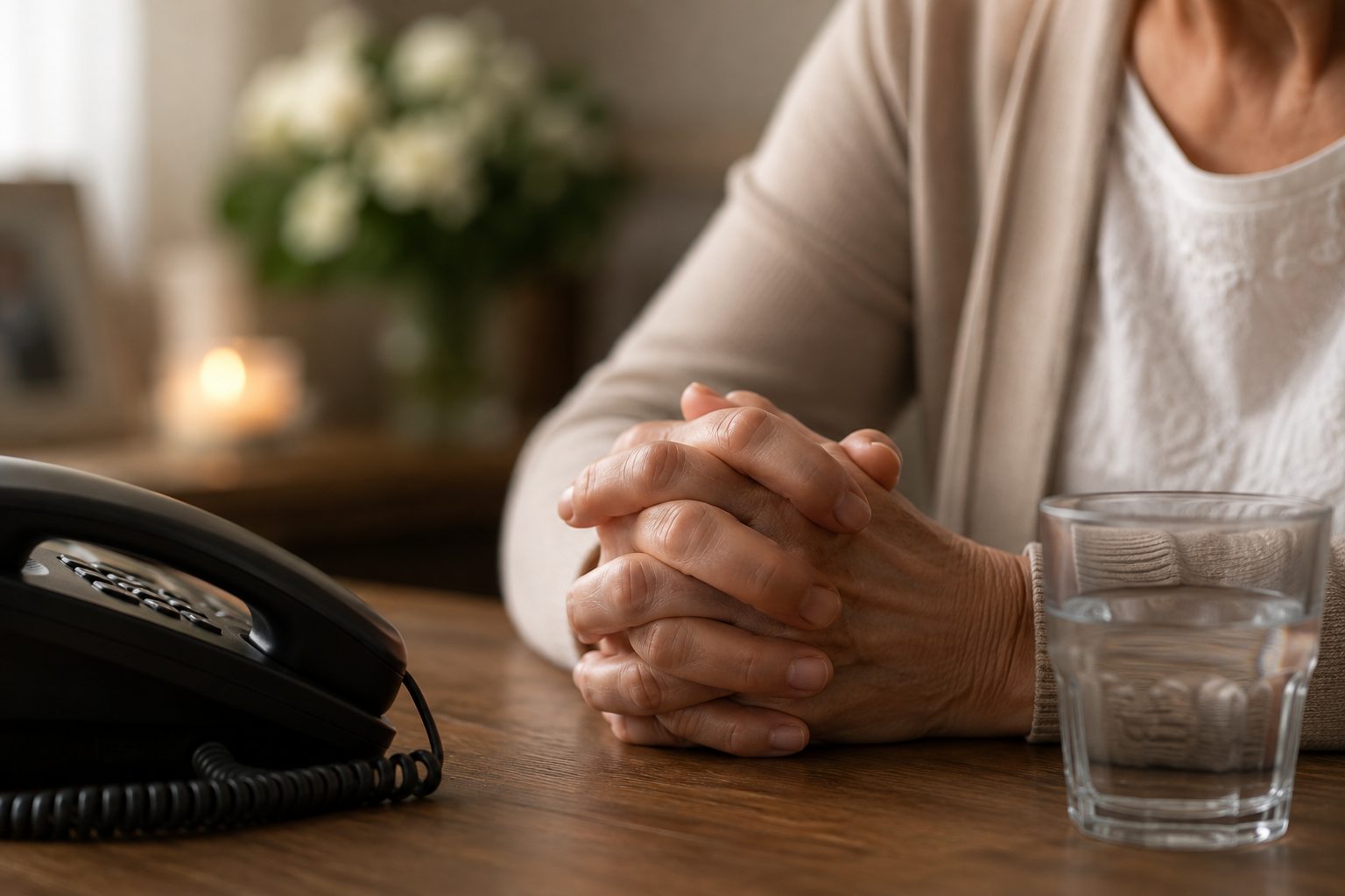 Close-up of clasped hands resting on a table beside a telephone and a glass of water, with white flowers and a candle softly lit in the background