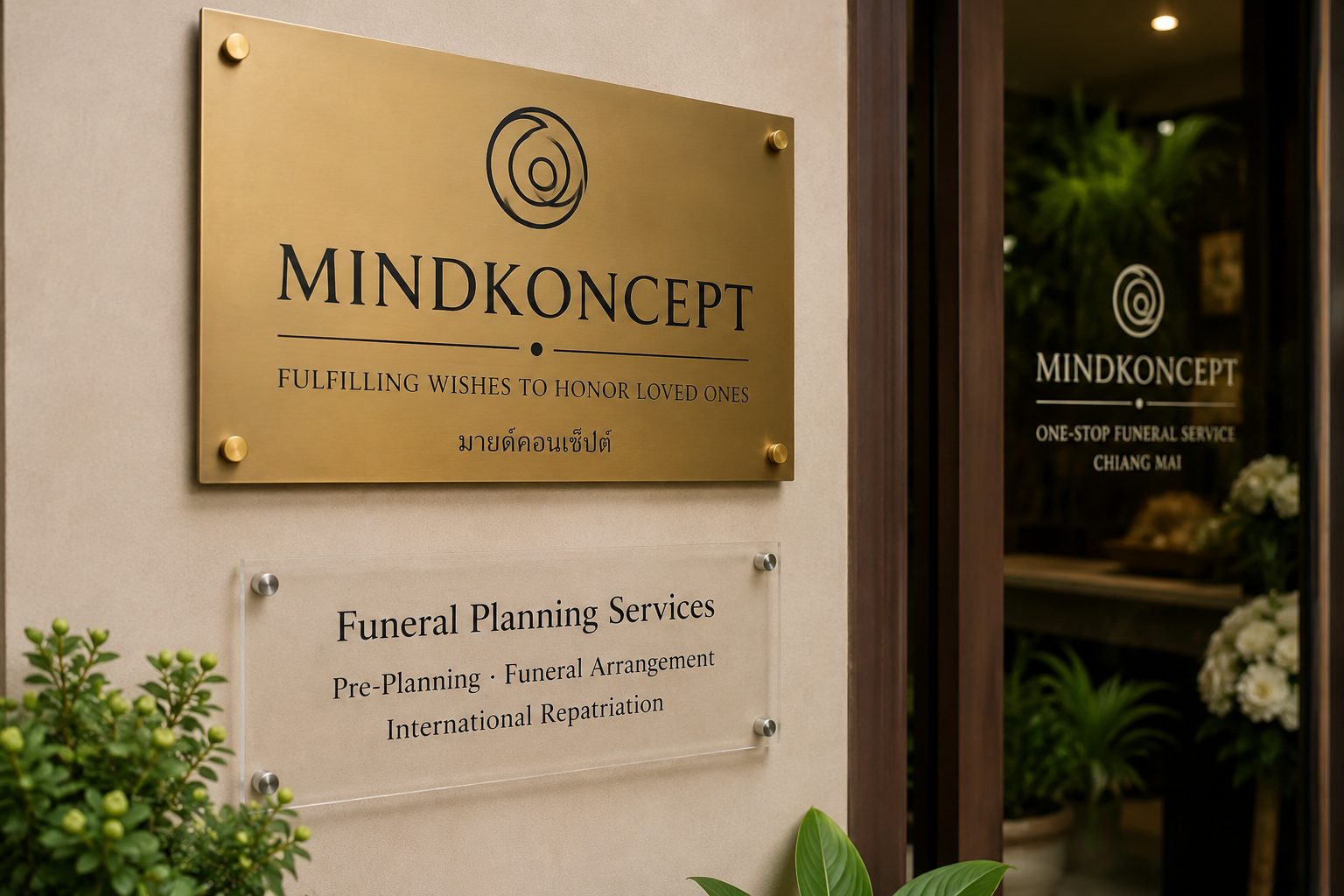 Mindkoncept office entrance signage reading 'Fulfilling wishes to honor loved ones'