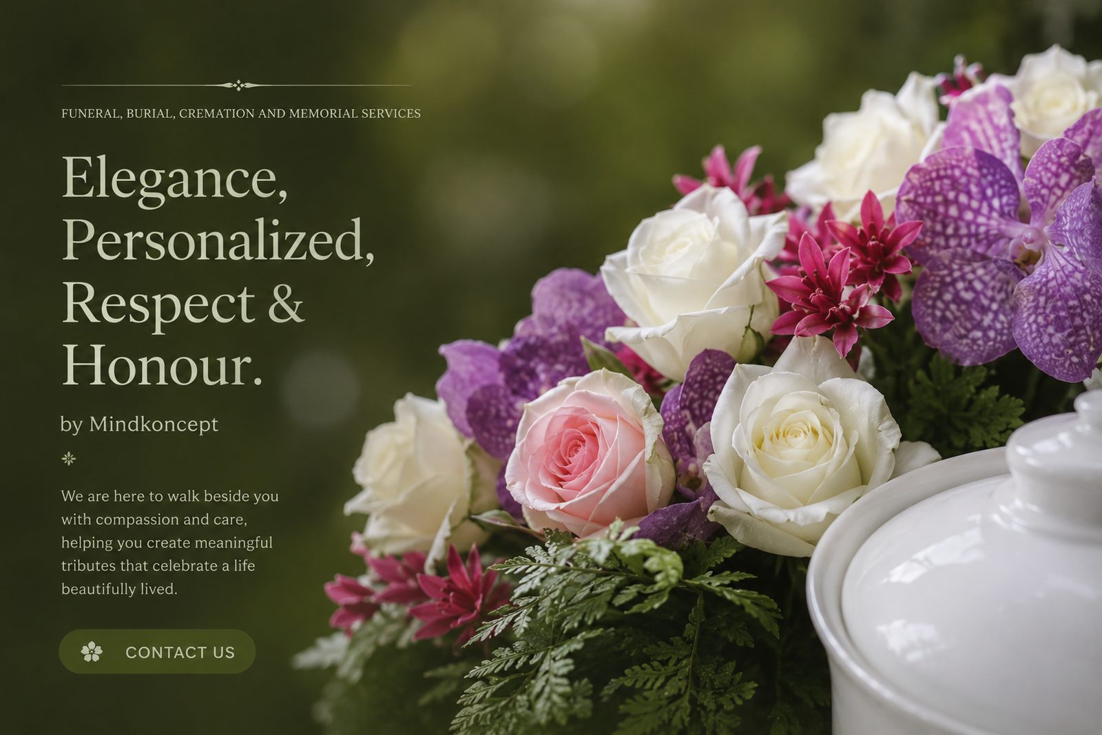 White and pink roses with purple orchids beside a white memorial urn — Elegance, Personalized, Respect and Honour, by Mindkoncept