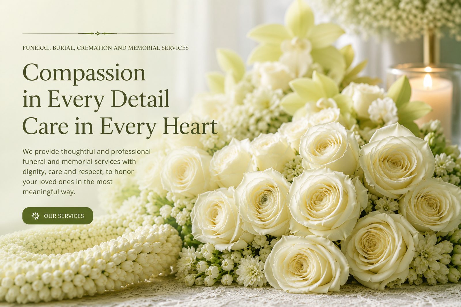 White roses and jasmine garland — Compassion in Every Detail, Care in Every Heart