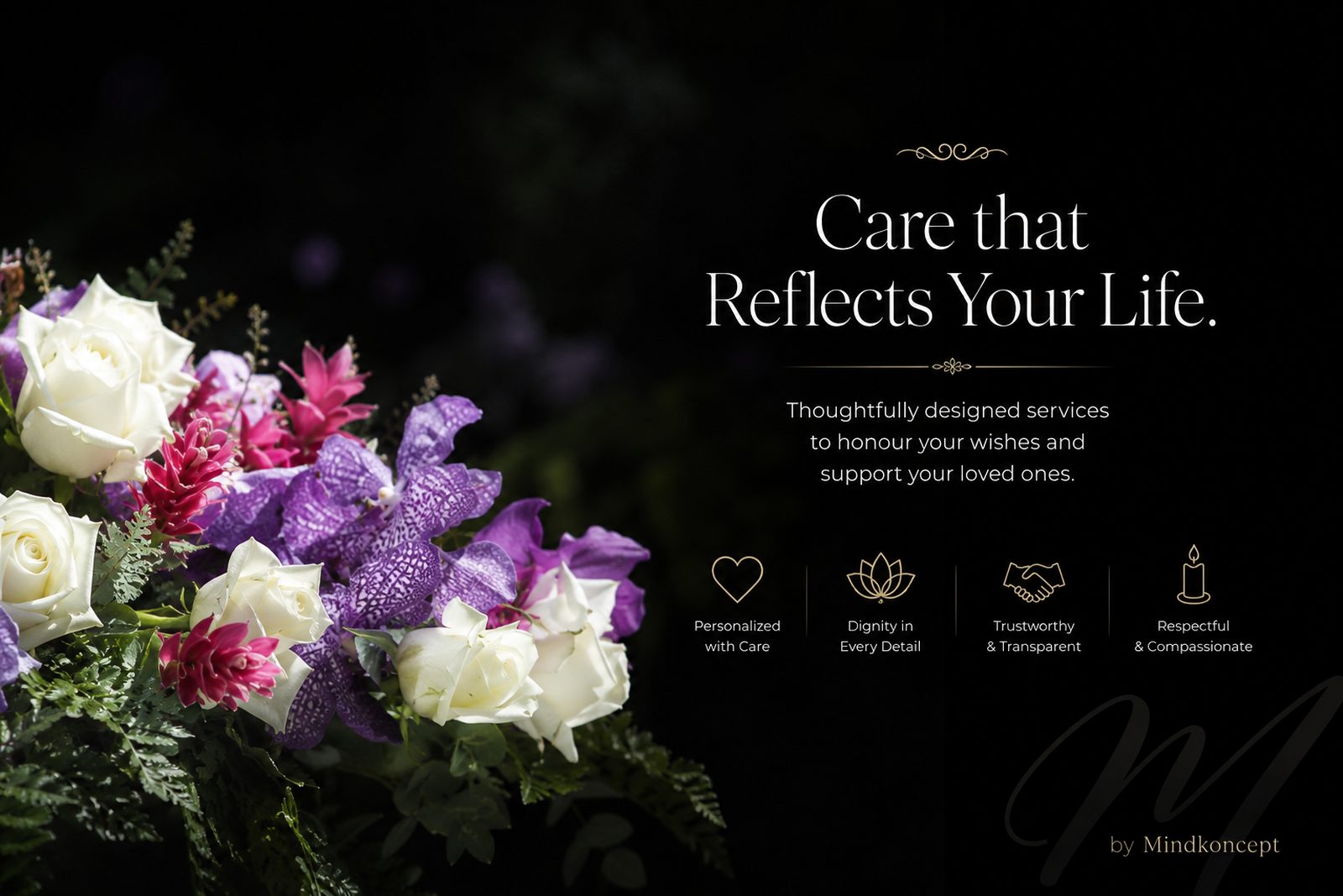 White roses and purple orchids at dusk — Care that Reflects Your Life