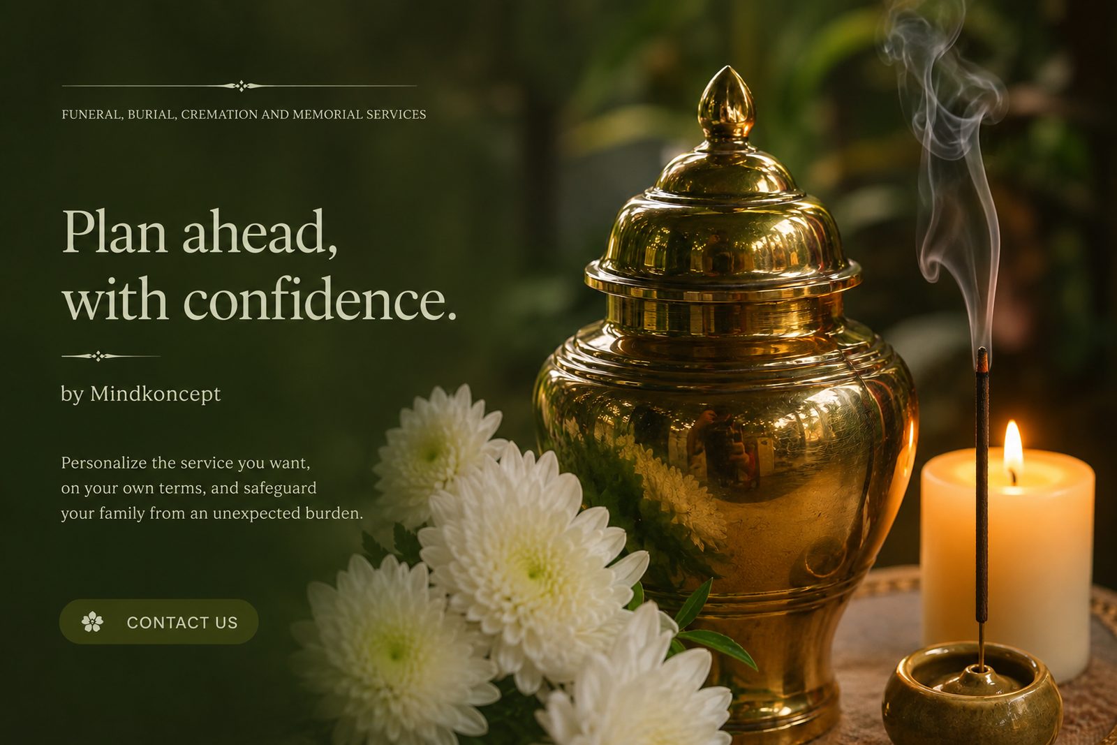 Gold memorial urn with white chrysanthemums, candle and incense — Plan ahead, with confidence, by Mindkoncept