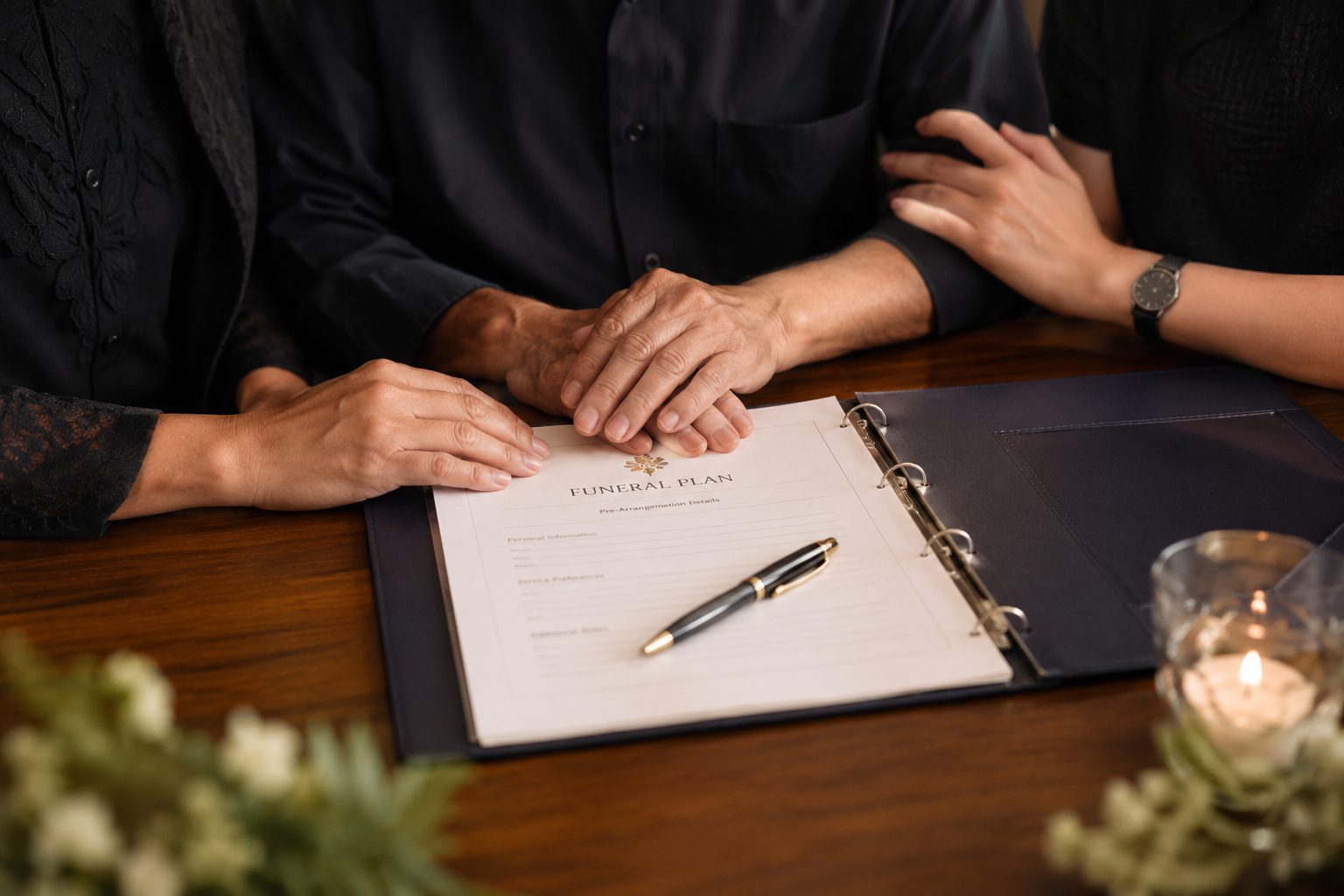 Close-up of a family's hands resting on an open funeral pre-arrangement plan and pen during a planning consultation