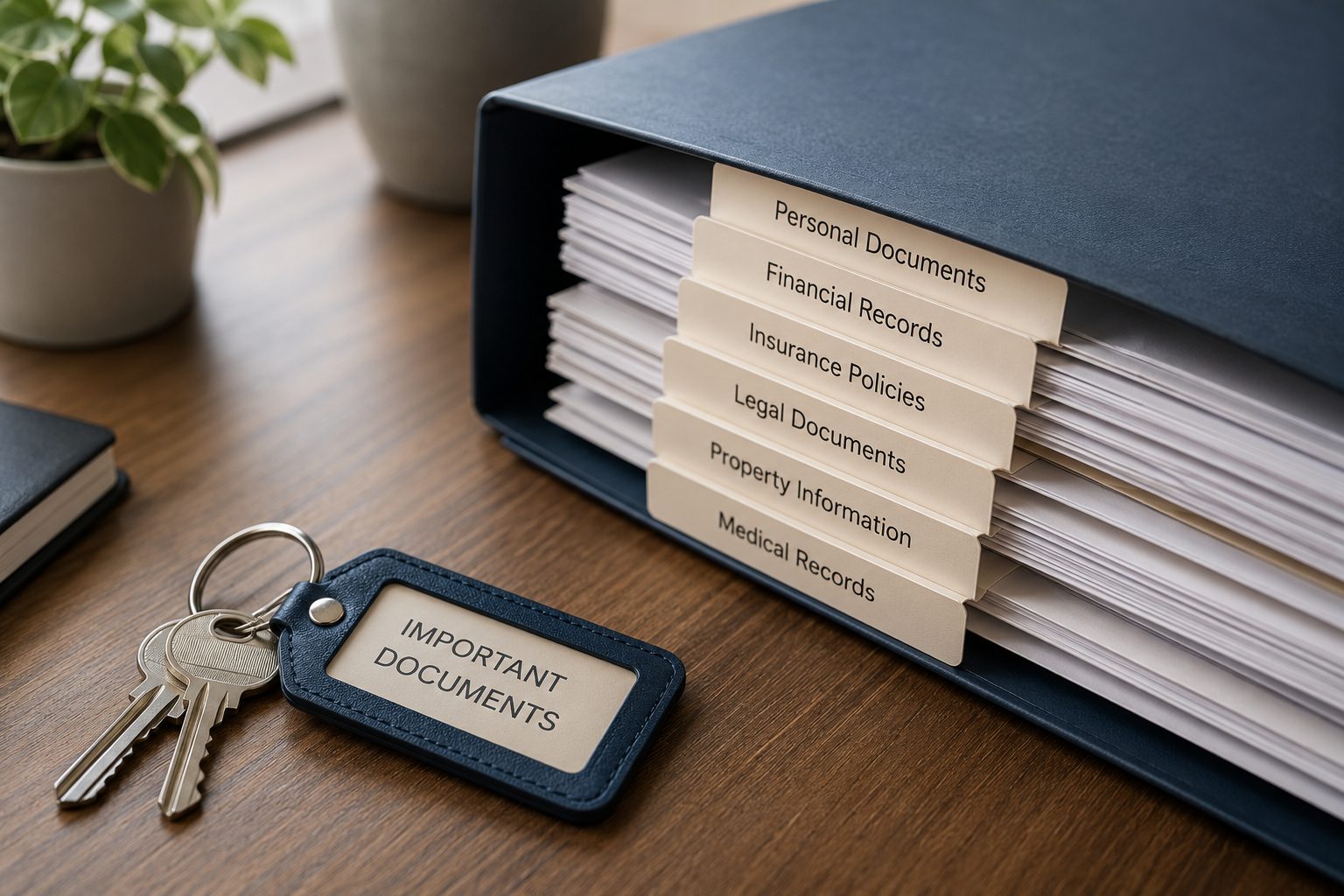 Close-up of an organized binder labeled with tabs for Personal Documents, Financial Records, Insurance Policies, Legal Documents, Property Information, and Medical Records, beside a keyring tagged 'Important Documents'