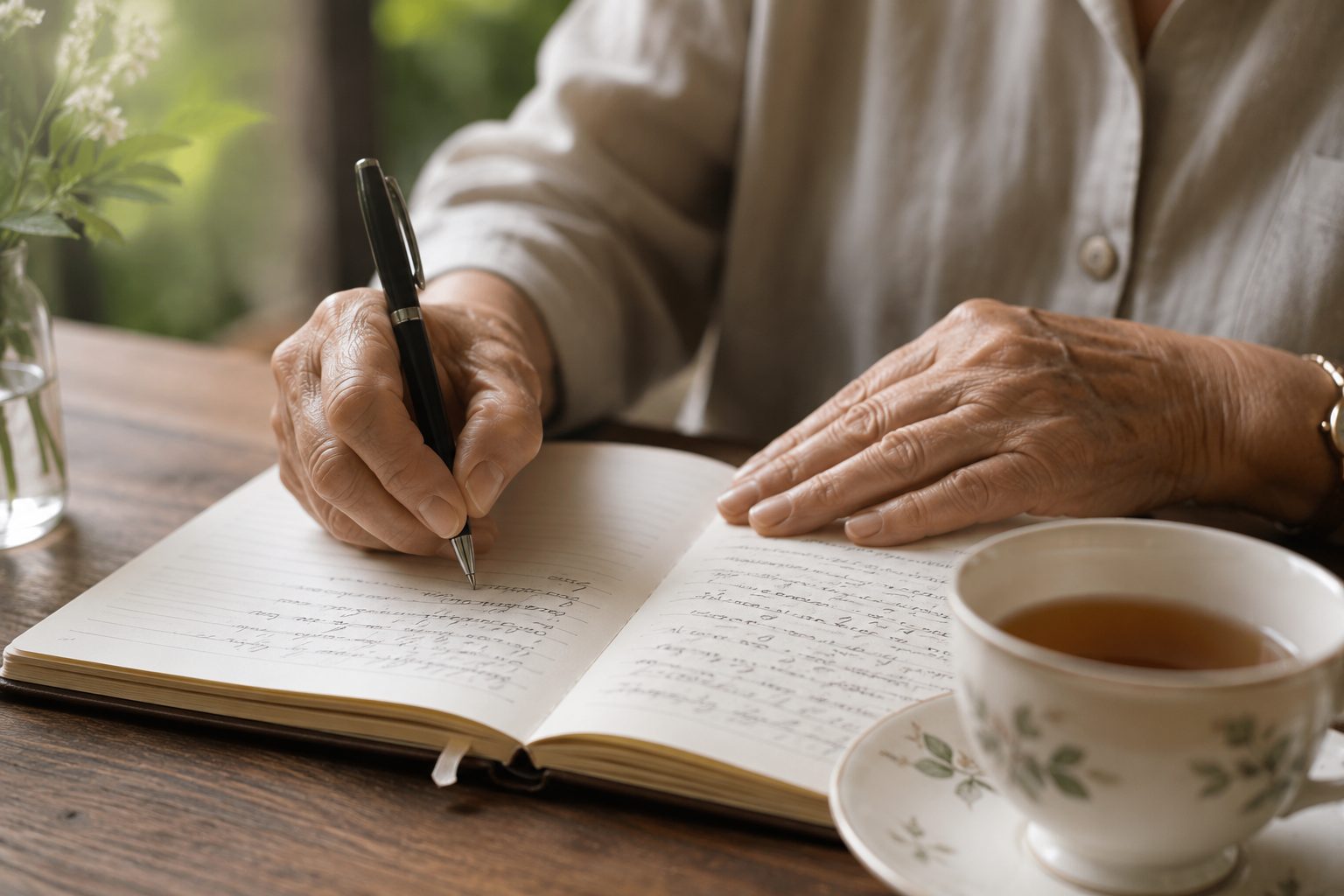 Close-up of an elder's hands writing calmly in a personal journal, with a cup of tea nearby
