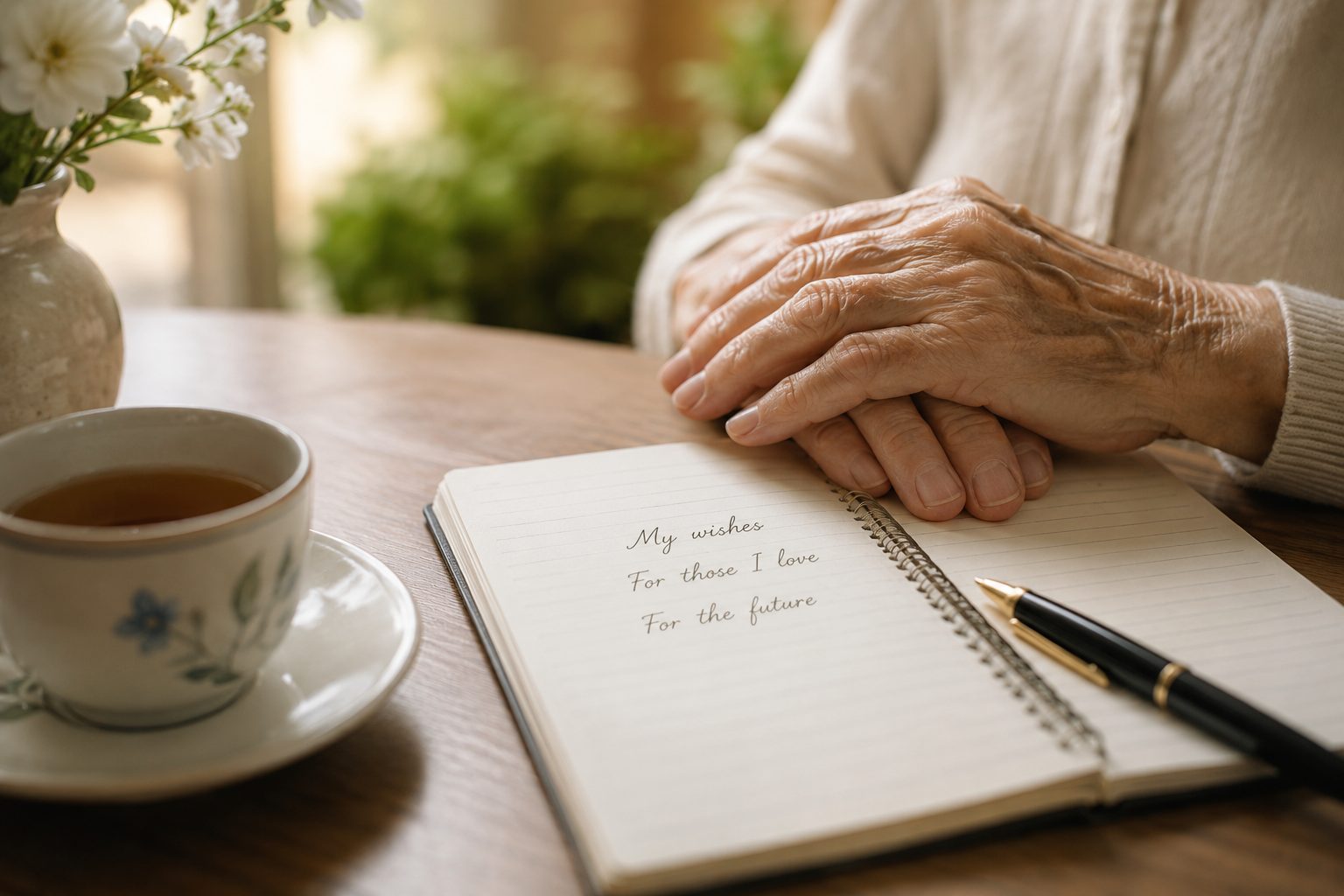 Close-up of an elder's clasped hands resting on an open notebook reading 'My wishes, For those I love, For the future,' beside a cup of tea and white flowers